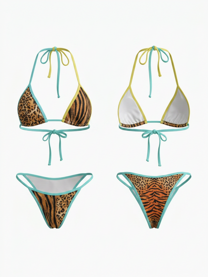 Color Block Leopard Tiger Print Halter Bikini Set