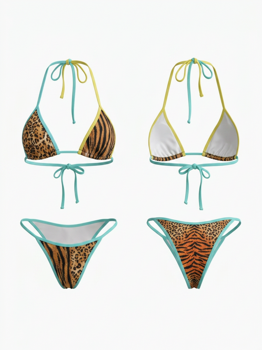 Color Block Leopard Tiger Print Halter Bikini Set