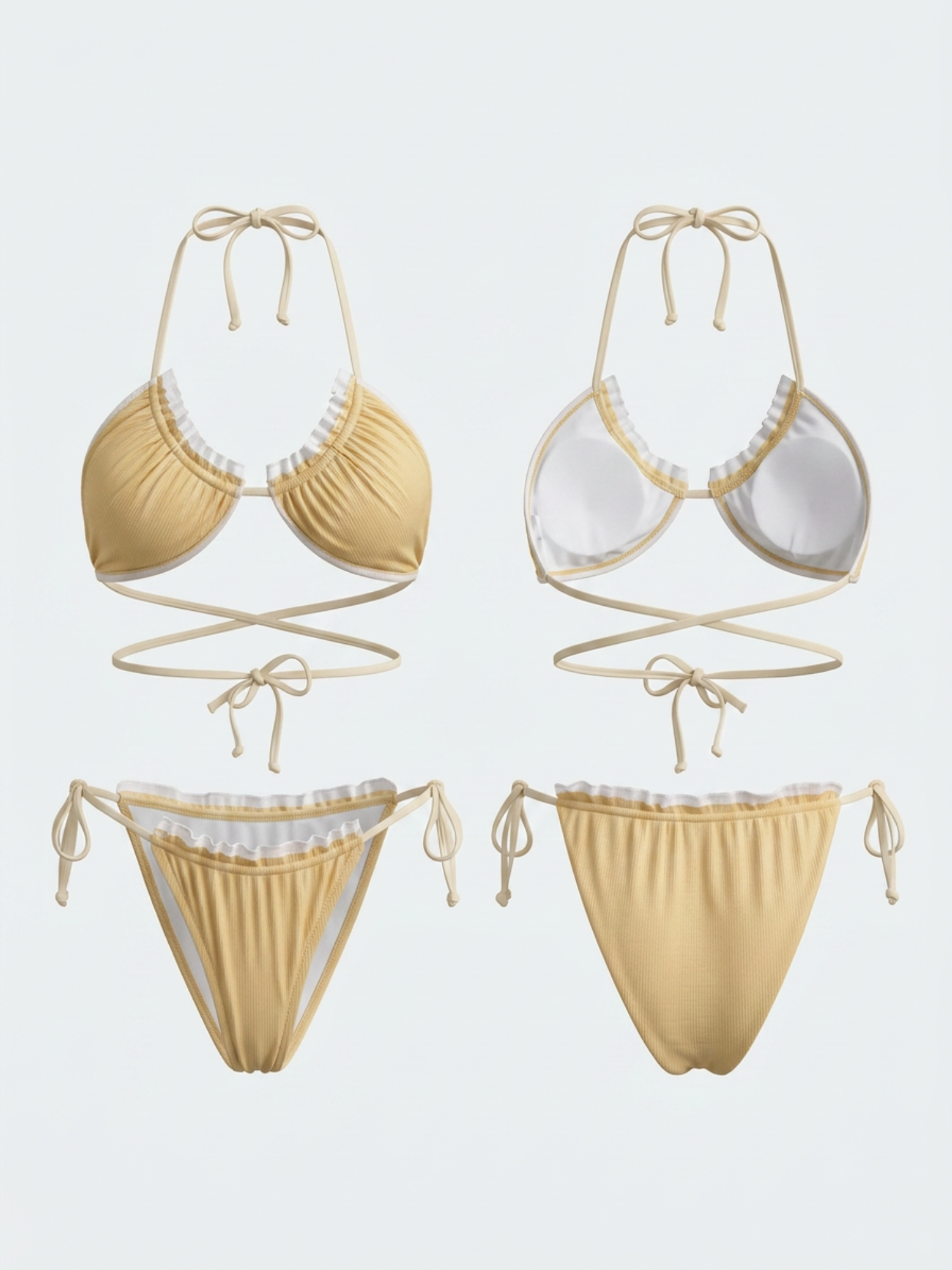 Ruffle Trim Textured Halter Side Tie Bikini Set