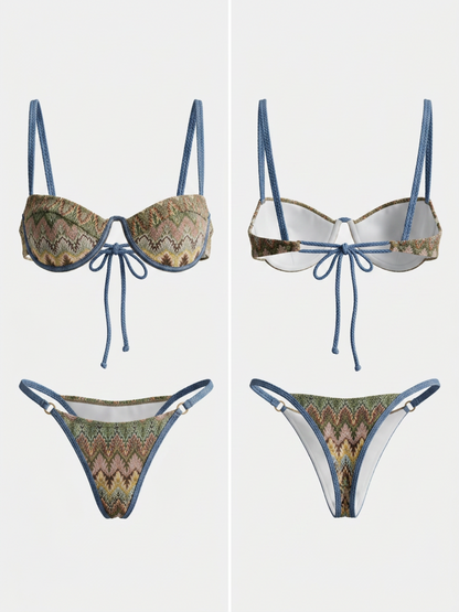 Vintage Geometric Print Underwire Bikini Set