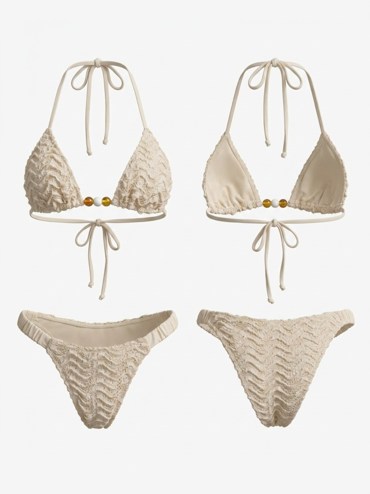 Wave Crochet Bead Halter Side Tie Bikini Set