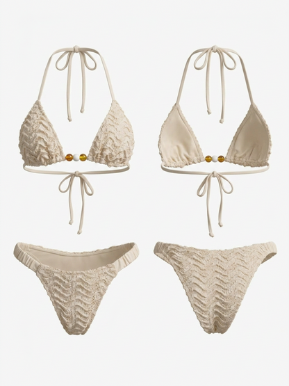 Wave Crochet Bead Halter Side Tie Bikini Set