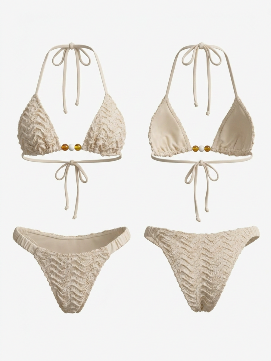 Wave Crochet Bead Halter Side Tie Bikini Set