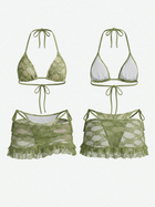 Green Lace Print 3 Piece Halter Bikini