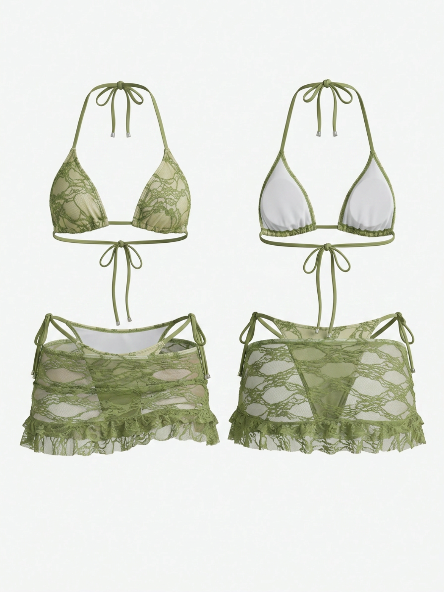 Green Lace Print 3 Piece Halter Bikini