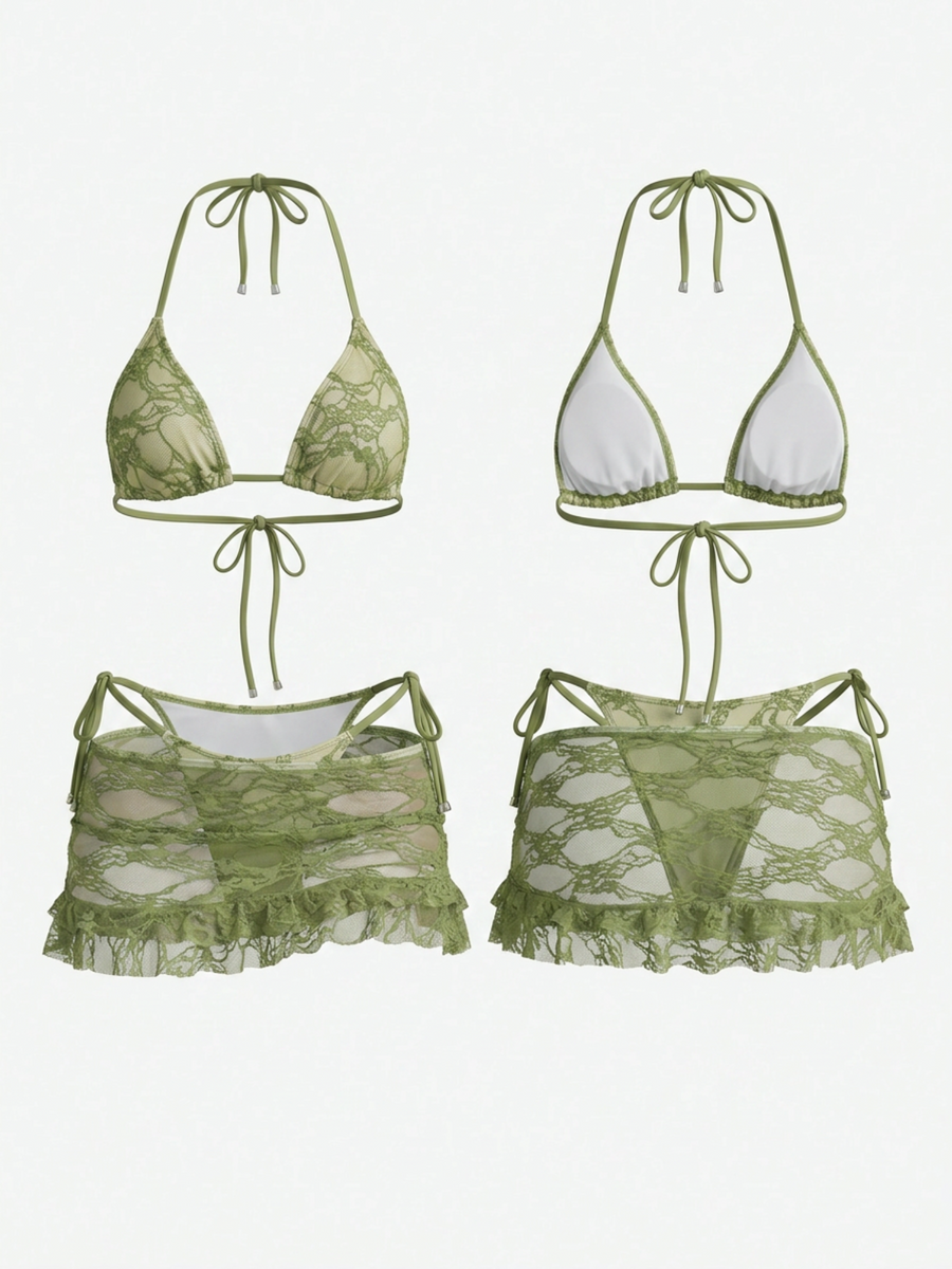 Green Lace Print 3 Piece Halter Bikini