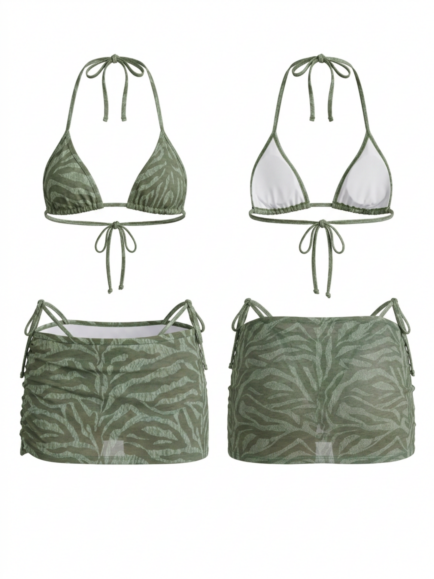 Green Zebra Print 3 Piece Bikini Mini Skirt Set