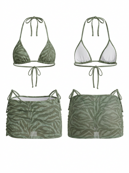 Green Zebra Print 3 Piece Bikini Mini Skirt Set