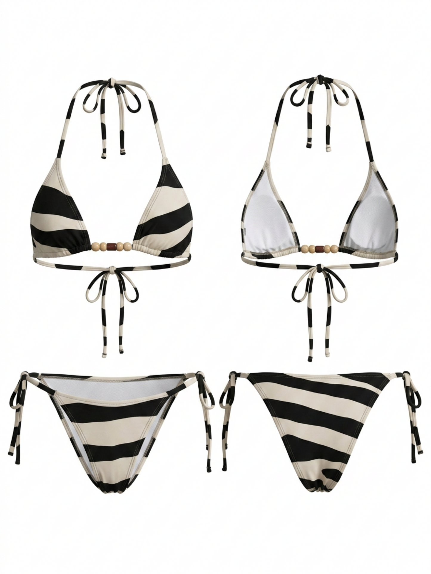 Black White Stripe Bead Halter Side Tie Bikini Set