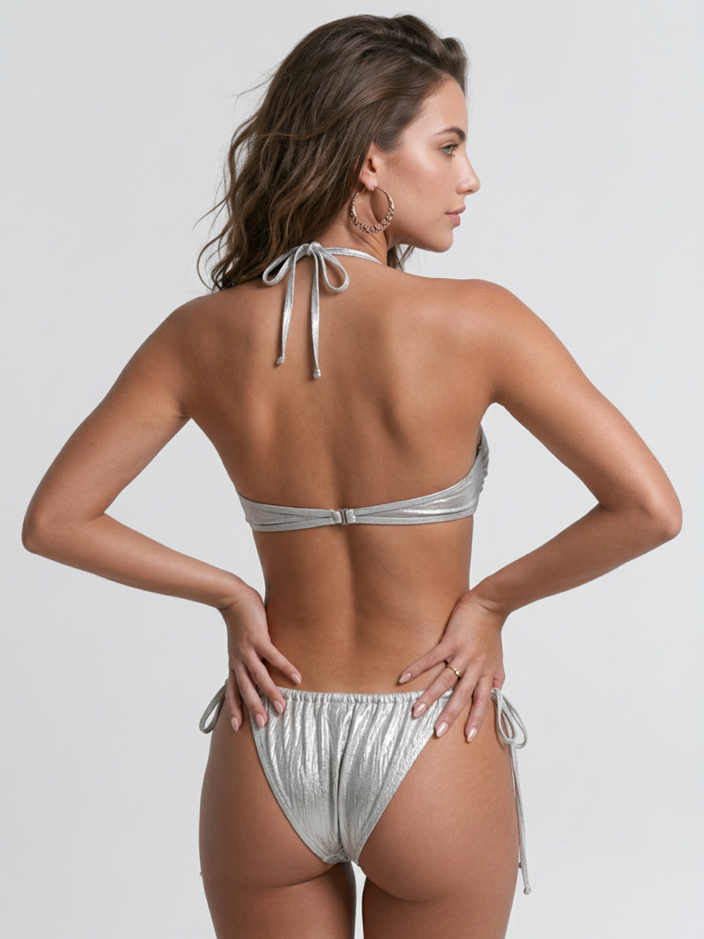 Metallic Silver Halter Metal Buckle Side Tie Bikini Set