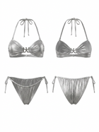Metallic Silver Halter Metal Buckle Side Tie Bikini Set