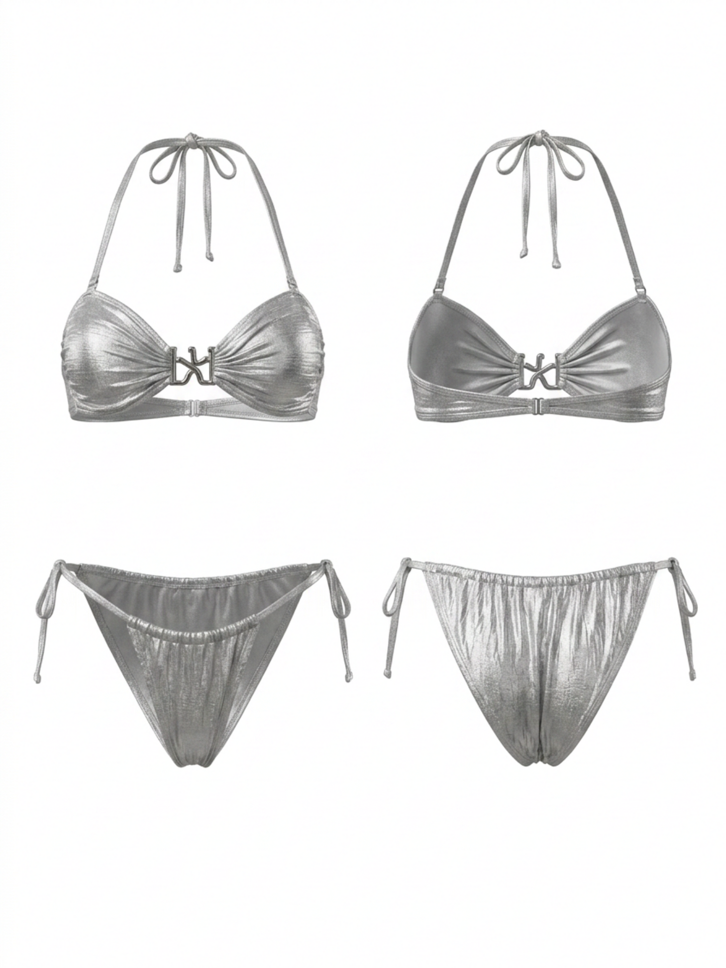 Metallic Silver Halter Metal Buckle Side Tie Bikini Set