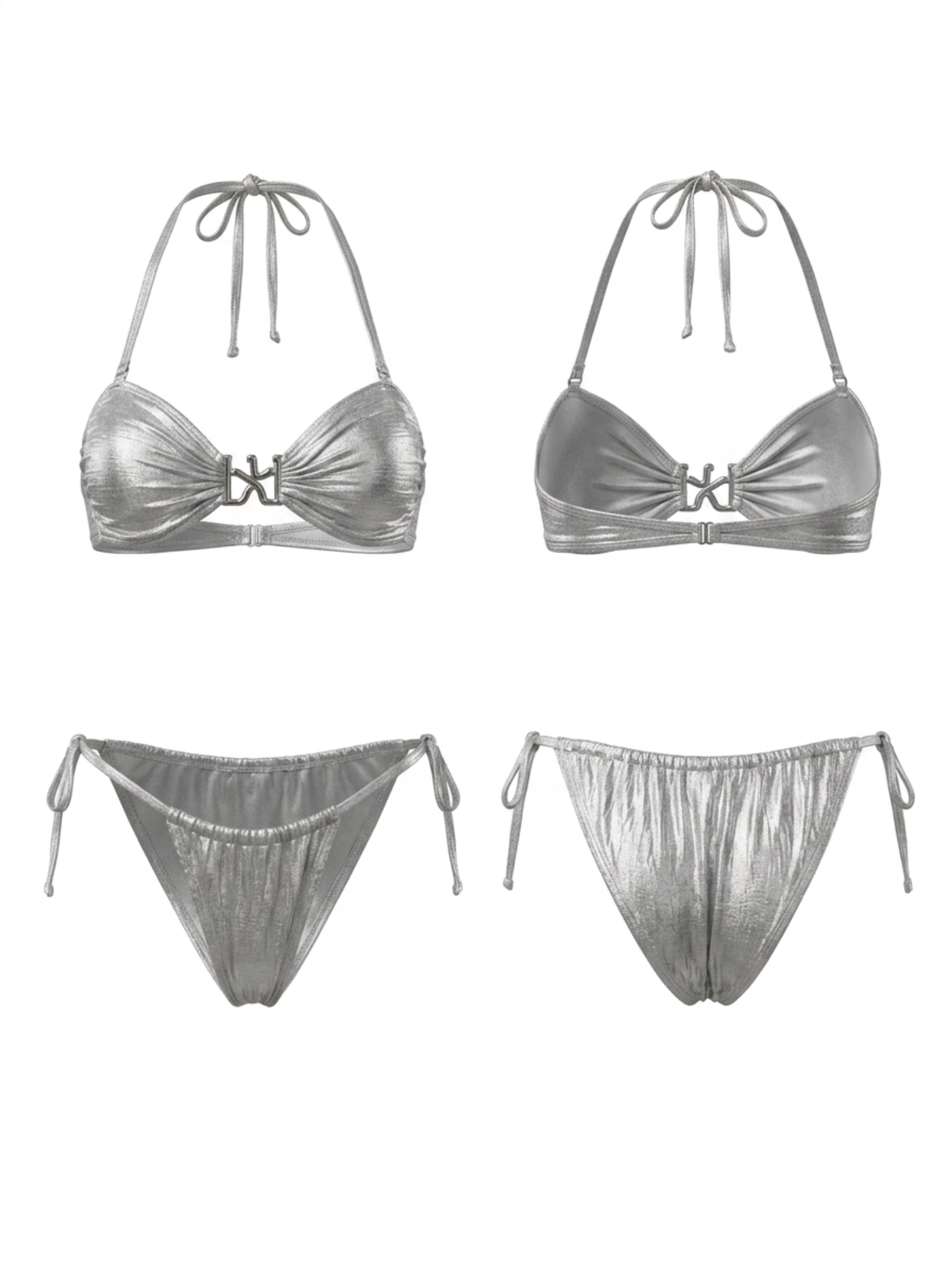 Metallic Silver Halter Metal Buckle Side Tie Bikini Set