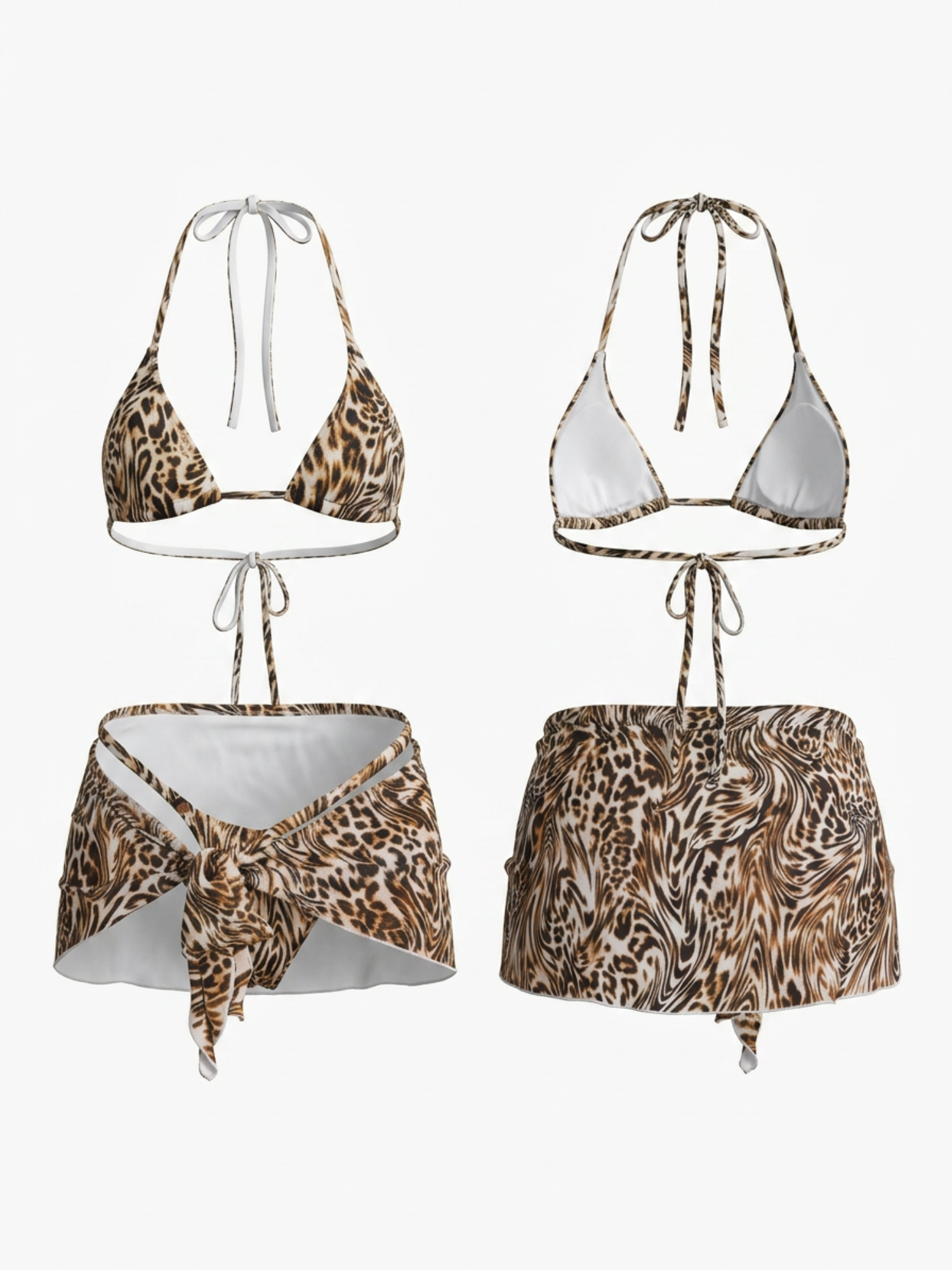 Leopard Print Halter Bikini Matching Wrap Skirt 3 Piece Set