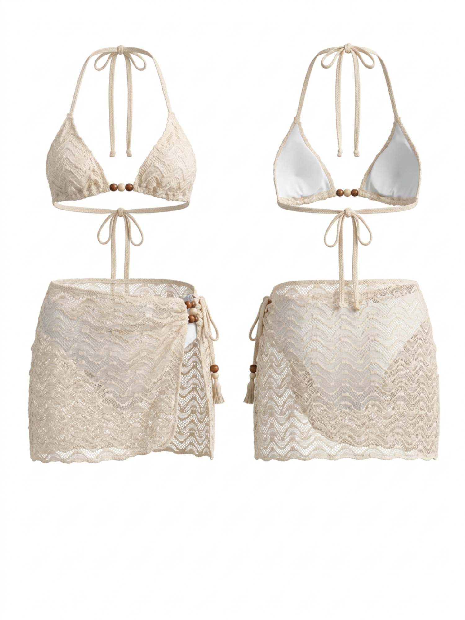 Wave Crochet Bead Halter Bikini Wrap Skirt 3 Piece Set