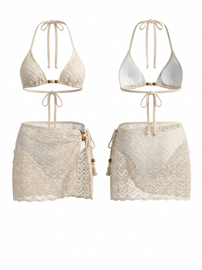 Wave Crochet Bead Halter Bikini Wrap Skirt 3 Piece Set