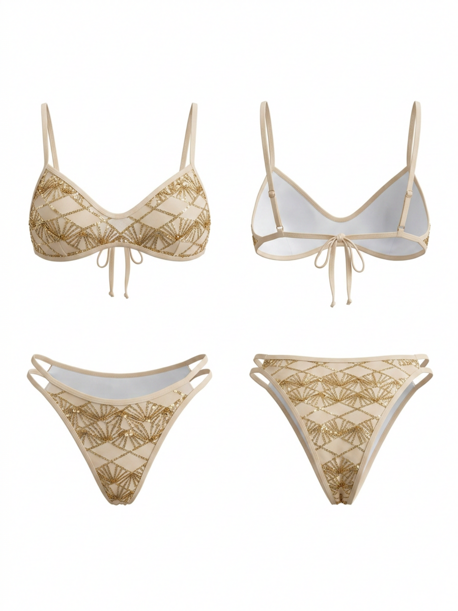 Gold Sequin Mesh Thin Strap Side Tie Bikini Set