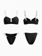 Black White Contrast Bow Front Thin Strap Bikini Set