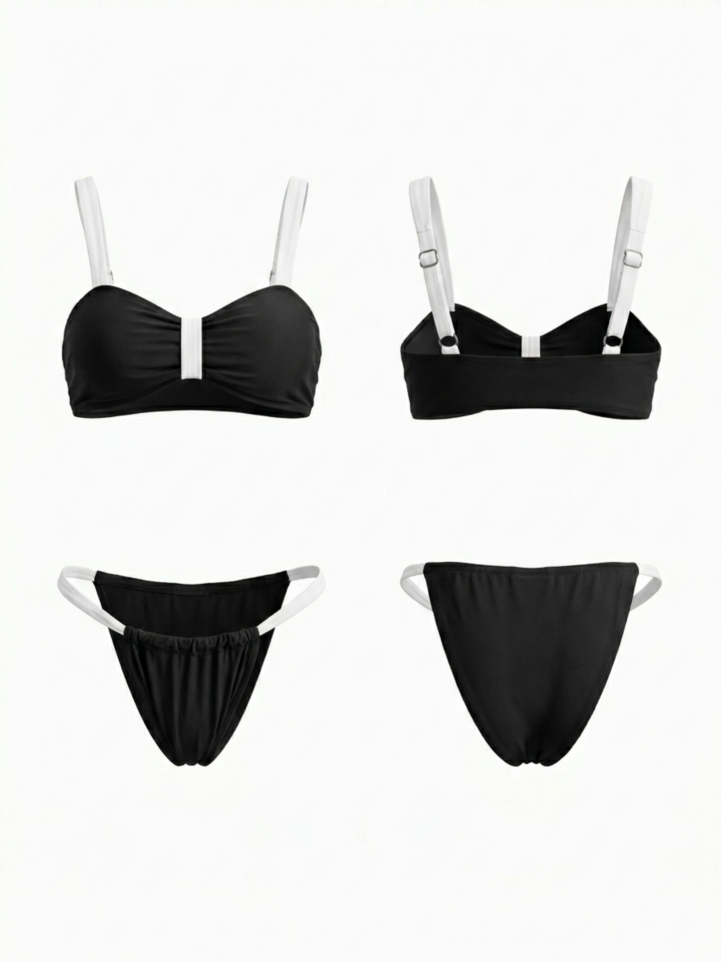 Black White Contrast Bow Front Thin Strap Bikini Set