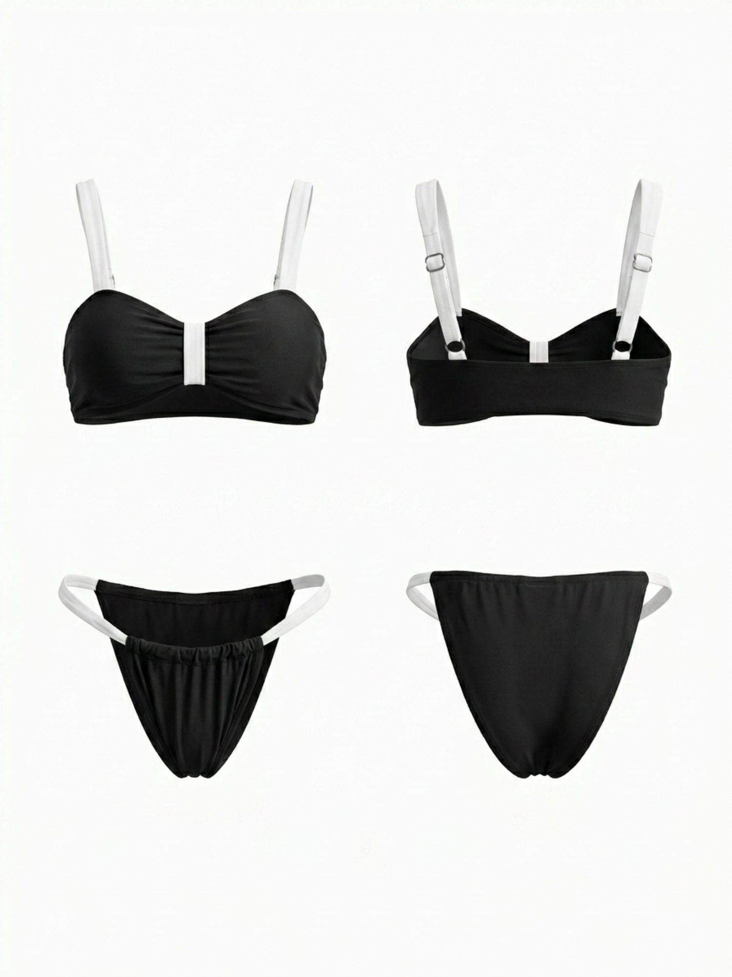 Black White Contrast Bow Front Thin Strap Bikini Set
