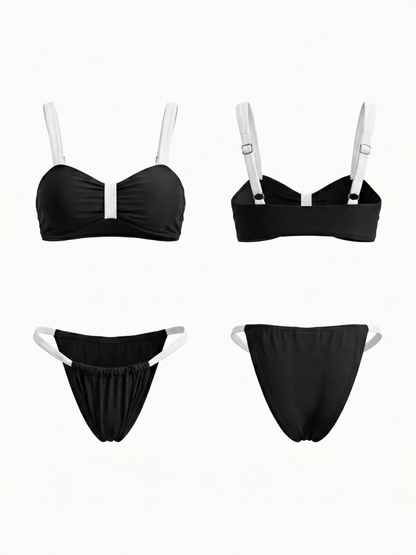 Black White Contrast Bow Front Thin Strap Bikini Set