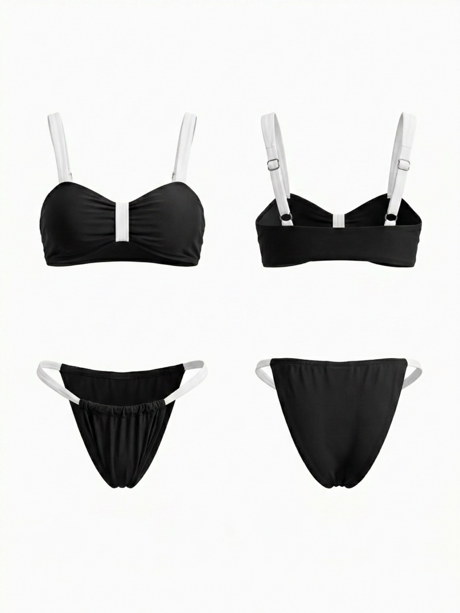 Black White Contrast Bow Front Thin Strap Bikini Set