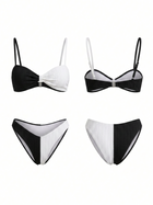 Black White Asymmetric Color Block Thin Strap Bikini Set