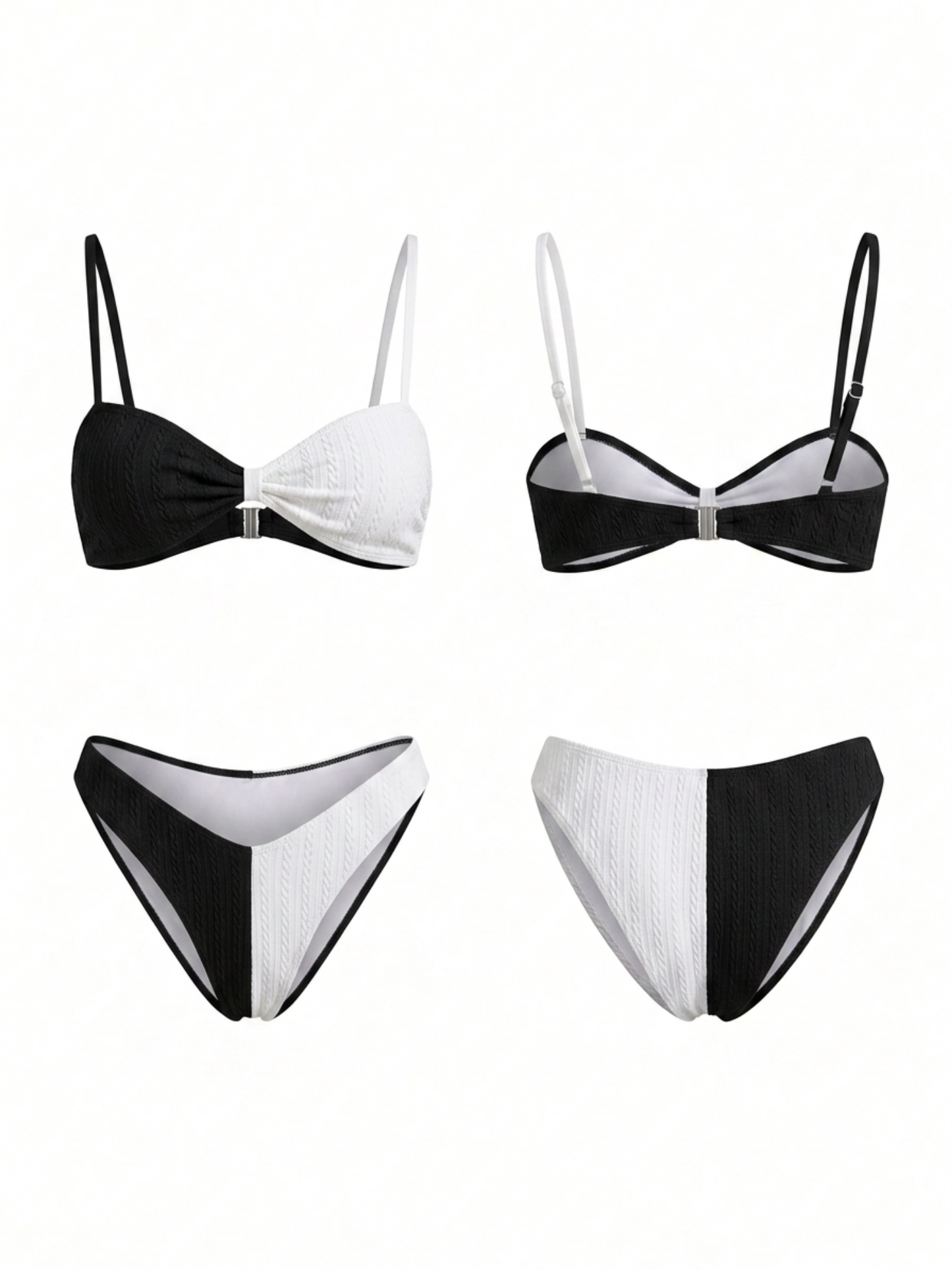 Black White Asymmetric Color Block Thin Strap Bikini Set