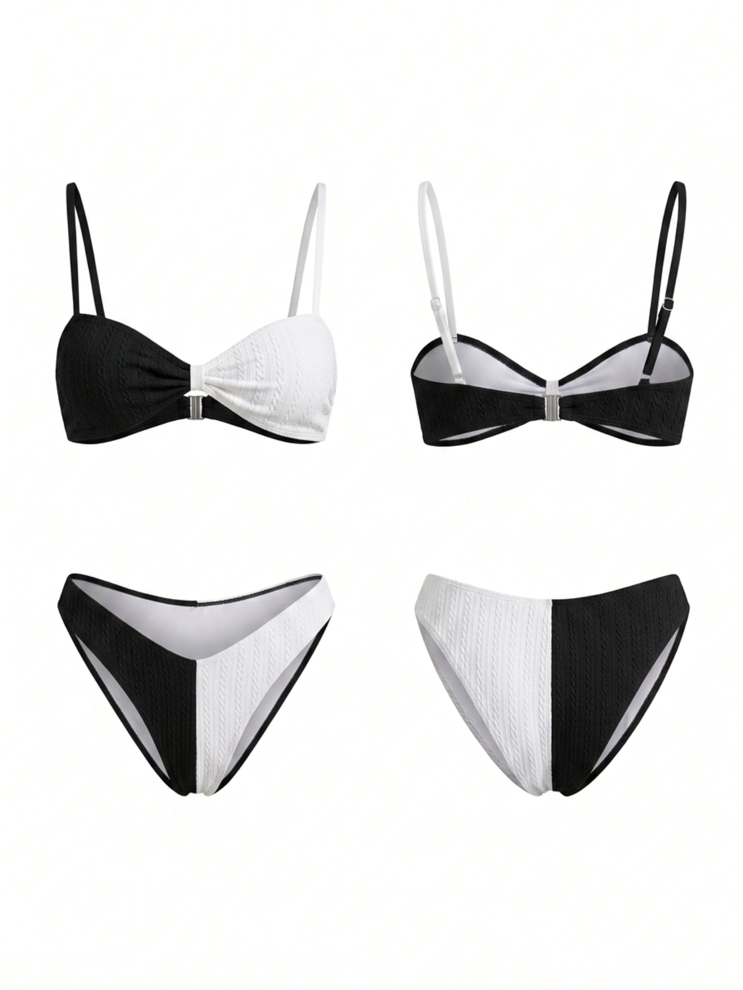 Black White Asymmetric Color Block Thin Strap Bikini Set