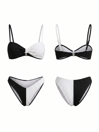 Black White Asymmetric Color Block Thin Strap Bikini Set