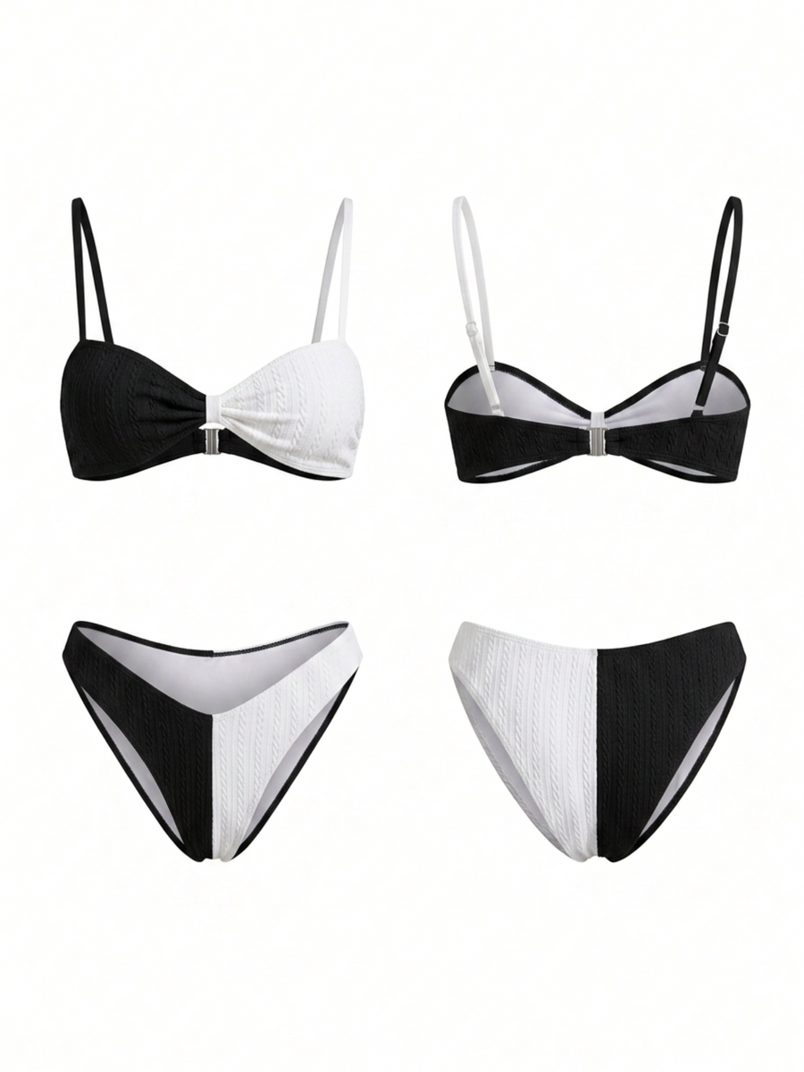Black White Asymmetric Color Block Thin Strap Bikini Set