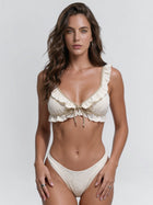 Cream Ruffle Lace Front Tie V Neck Bikini Set