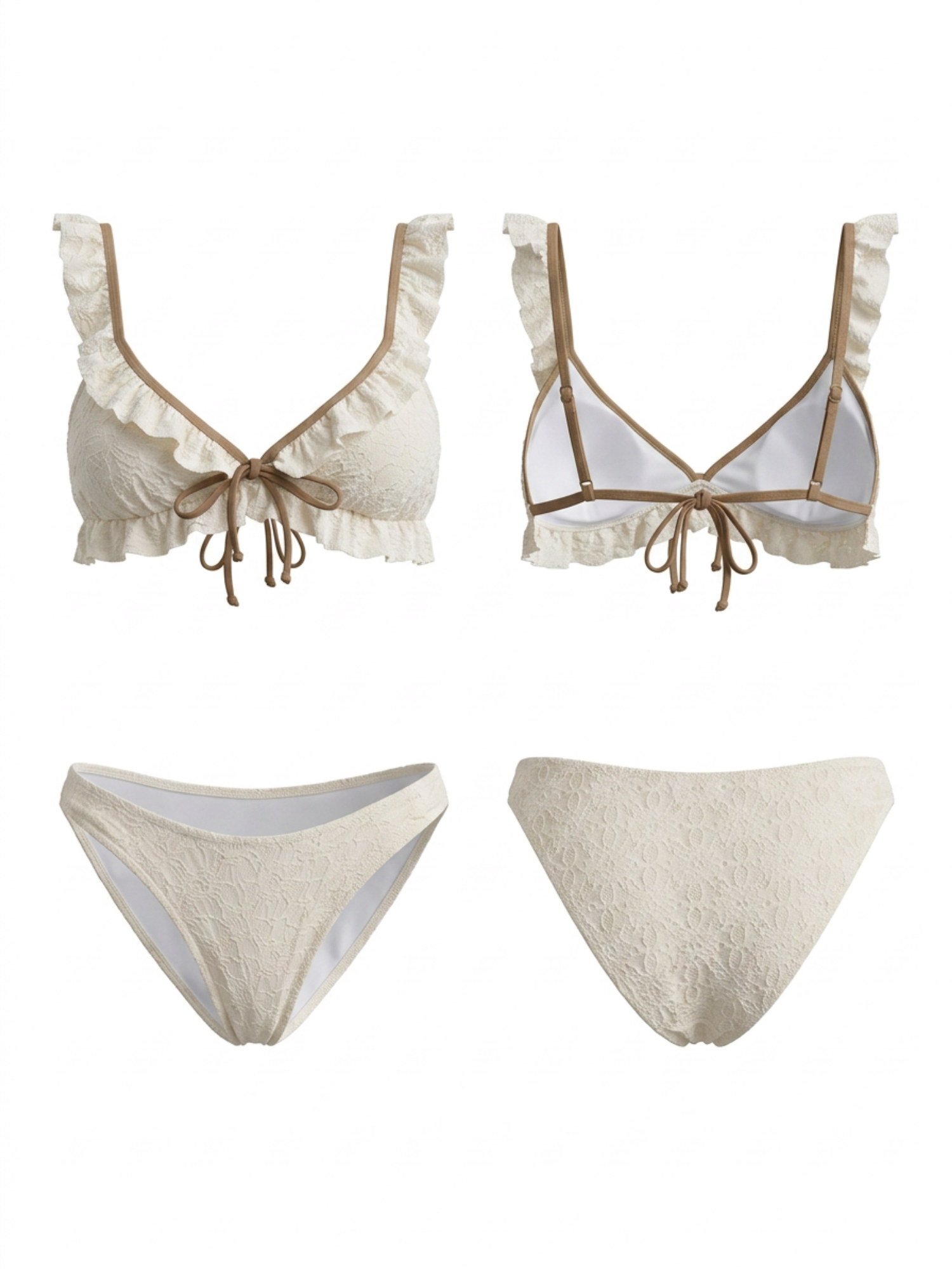 Cream Ruffle Lace Front Tie V Neck Bikini Set