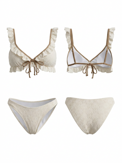 Cream Ruffle Lace Front Tie V Neck Bikini Set