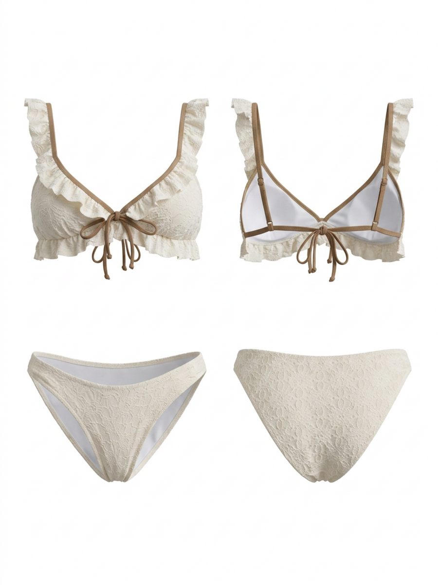 Cream Ruffle Lace Front Tie V Neck Bikini Set