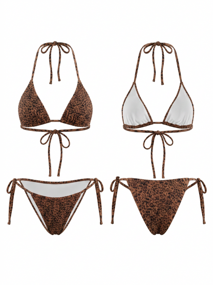 Retro Leopard Print Halter Side Tie Triangle Bikini Set