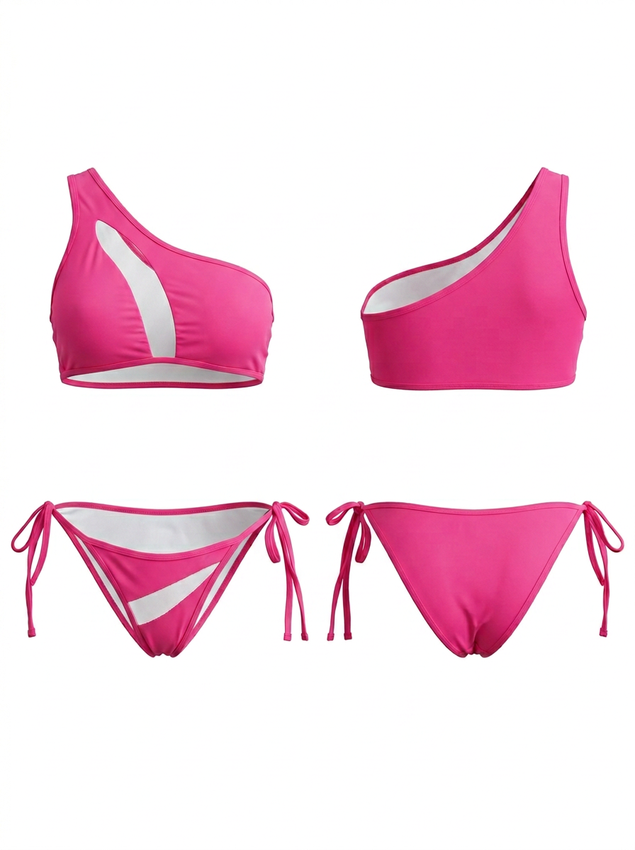Hot Pink One Shoulder Mesh Cutout Side Tie Bikini Set