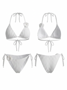 White Vertical Rib 3D Flower Halter Side Tie Bikini Set