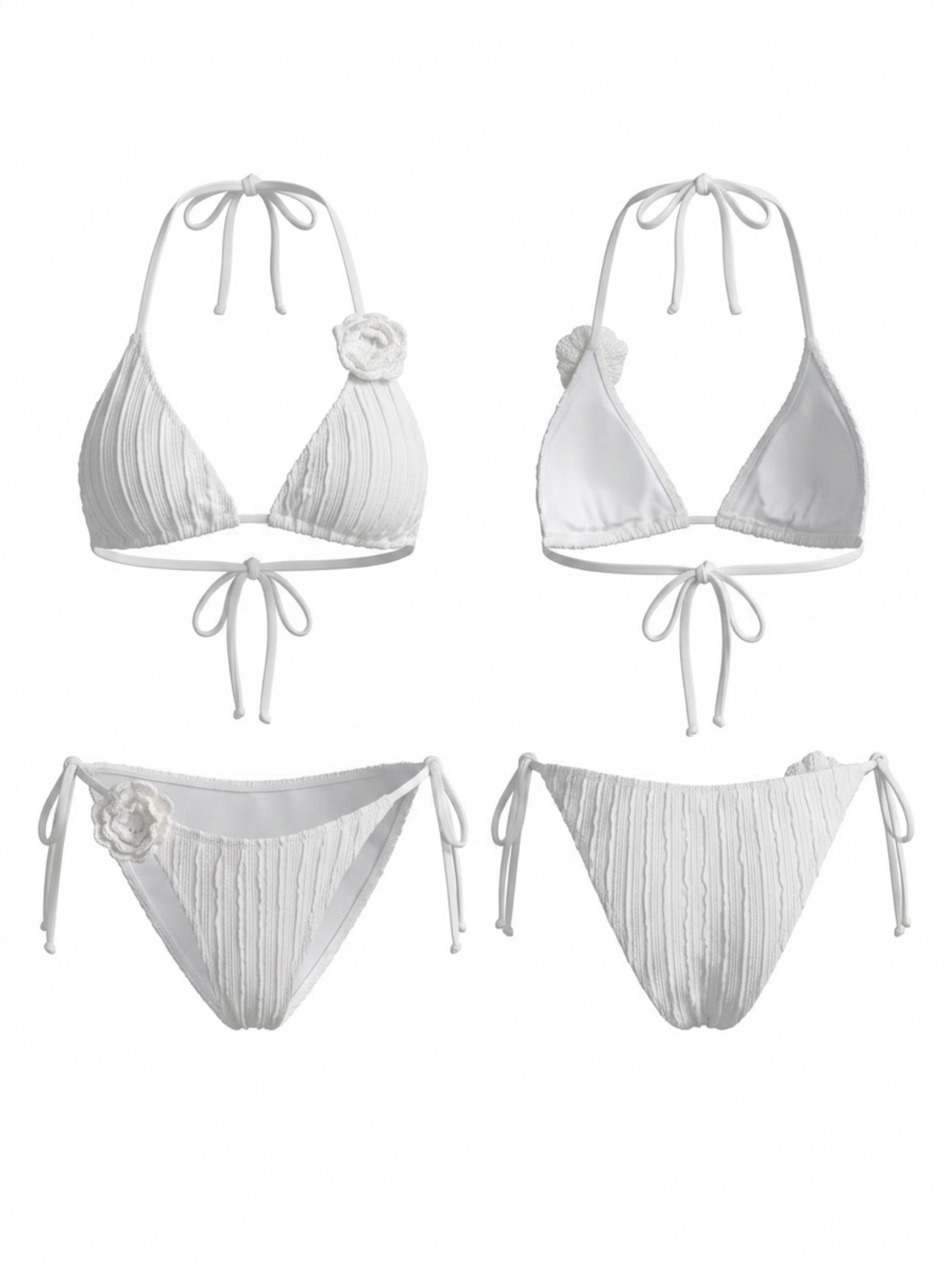 White Vertical Rib 3D Flower Halter Side Tie Bikini Set