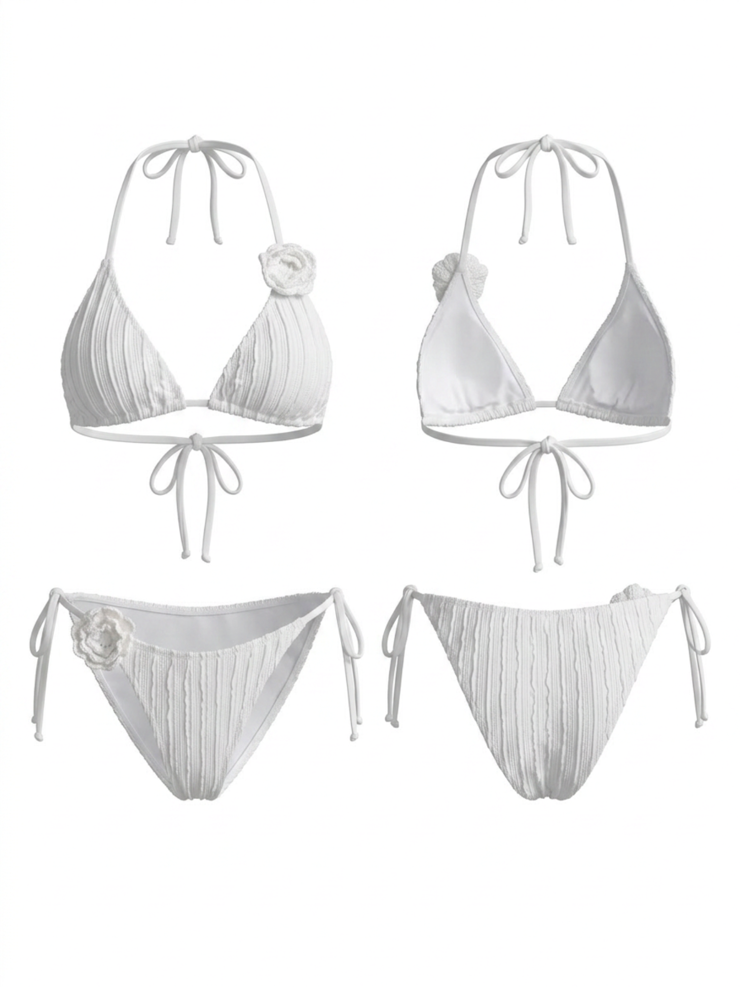 White Vertical Rib 3D Flower Halter Side Tie Bikini Set