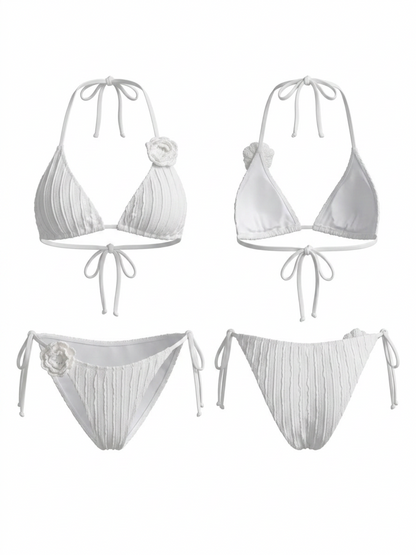 White Vertical Rib 3D Flower Halter Side Tie Bikini Set