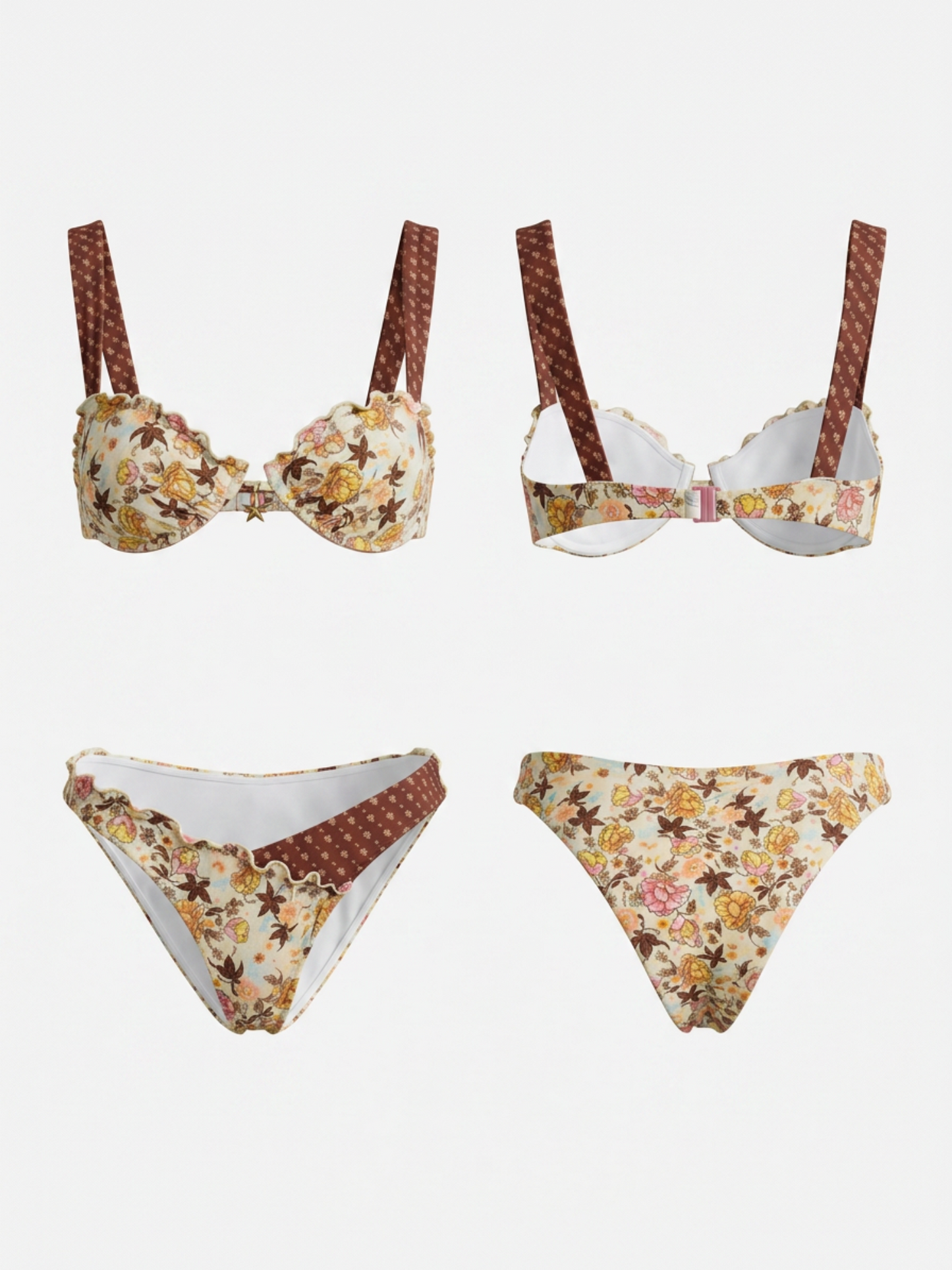 Floral Ruffle Contrast Dot Strap Underwire Bikini Set