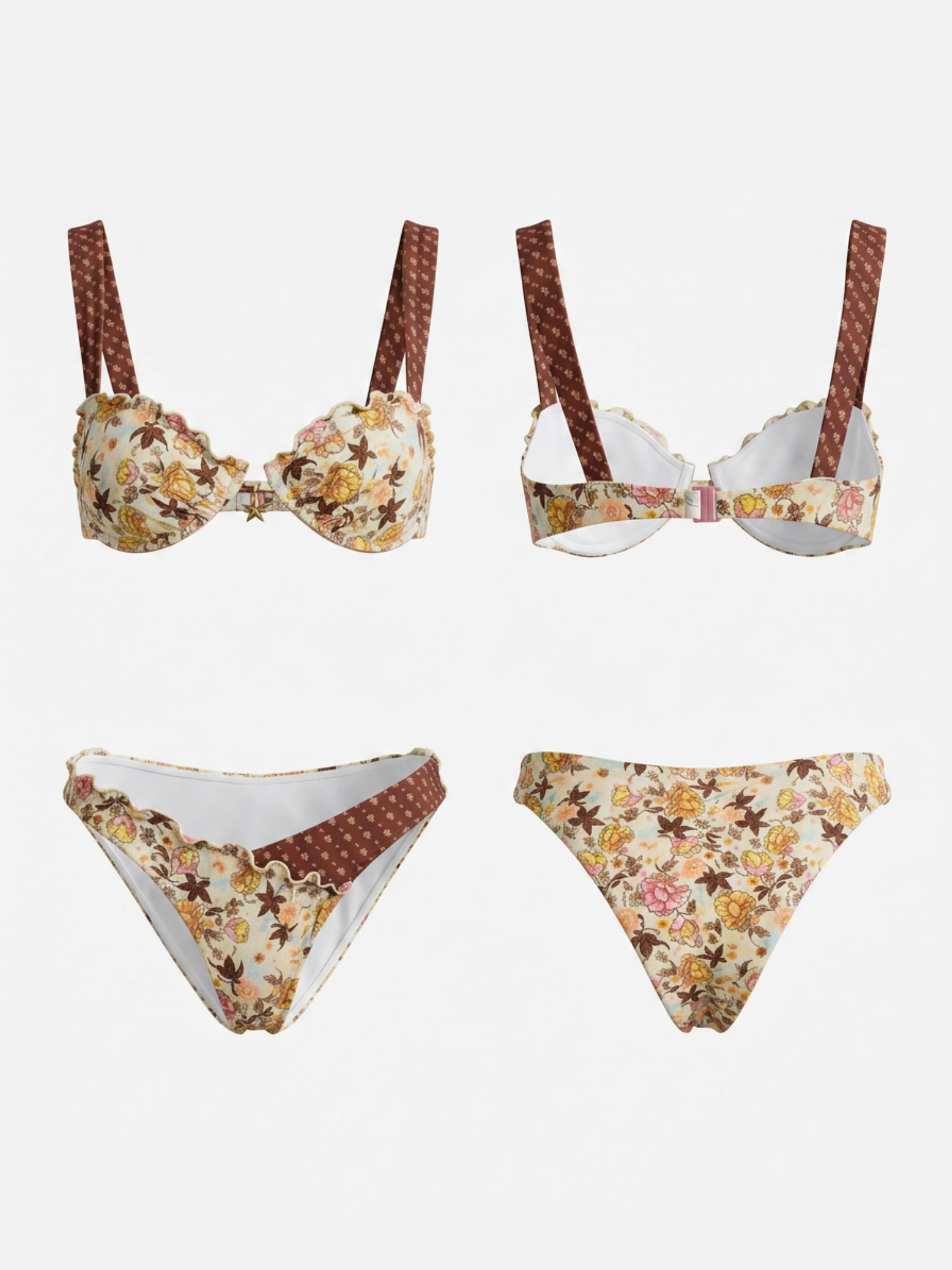 Floral Ruffle Contrast Dot Strap Underwire Bikini Set