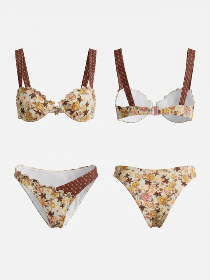 Floral Ruffle Contrast Dot Strap Underwire Bikini Set