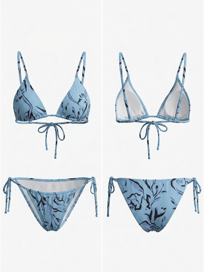 Soft Blue Abstract Art Side Tie High Cut Beach Bikini