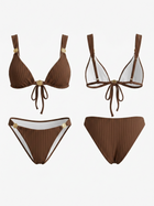 Brown Vertical Rib Metal Circle Decor Wide Strap Bikini Set