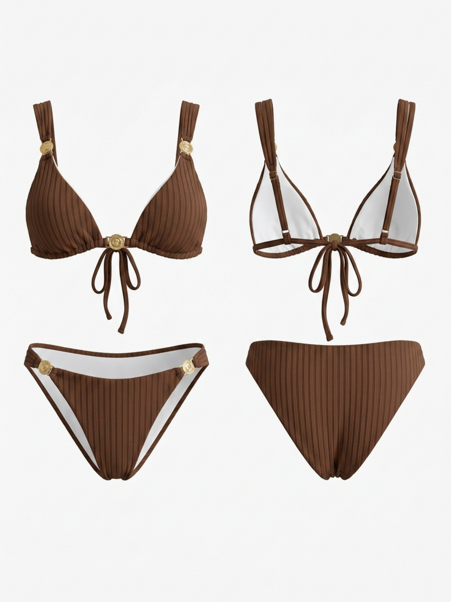 Brown Vertical Rib Metal Circle Decor Wide Strap Bikini Set