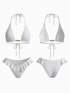 White Bandeau Wooden Bead Tie Front Ruffle Bikini