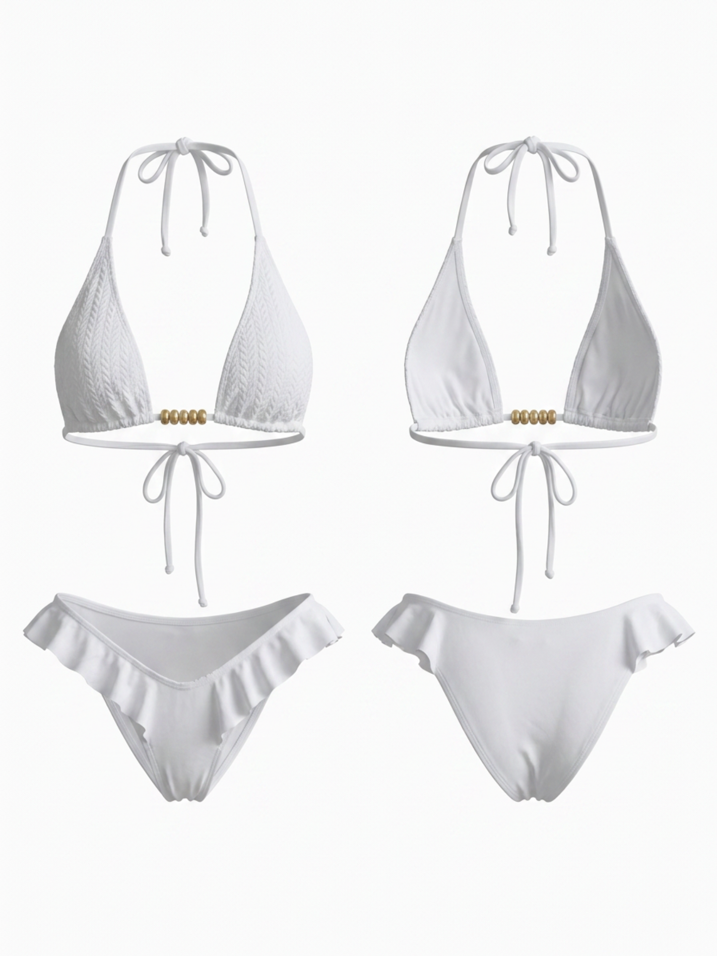 White Bandeau Wooden Bead Tie Front Ruffle Bikini