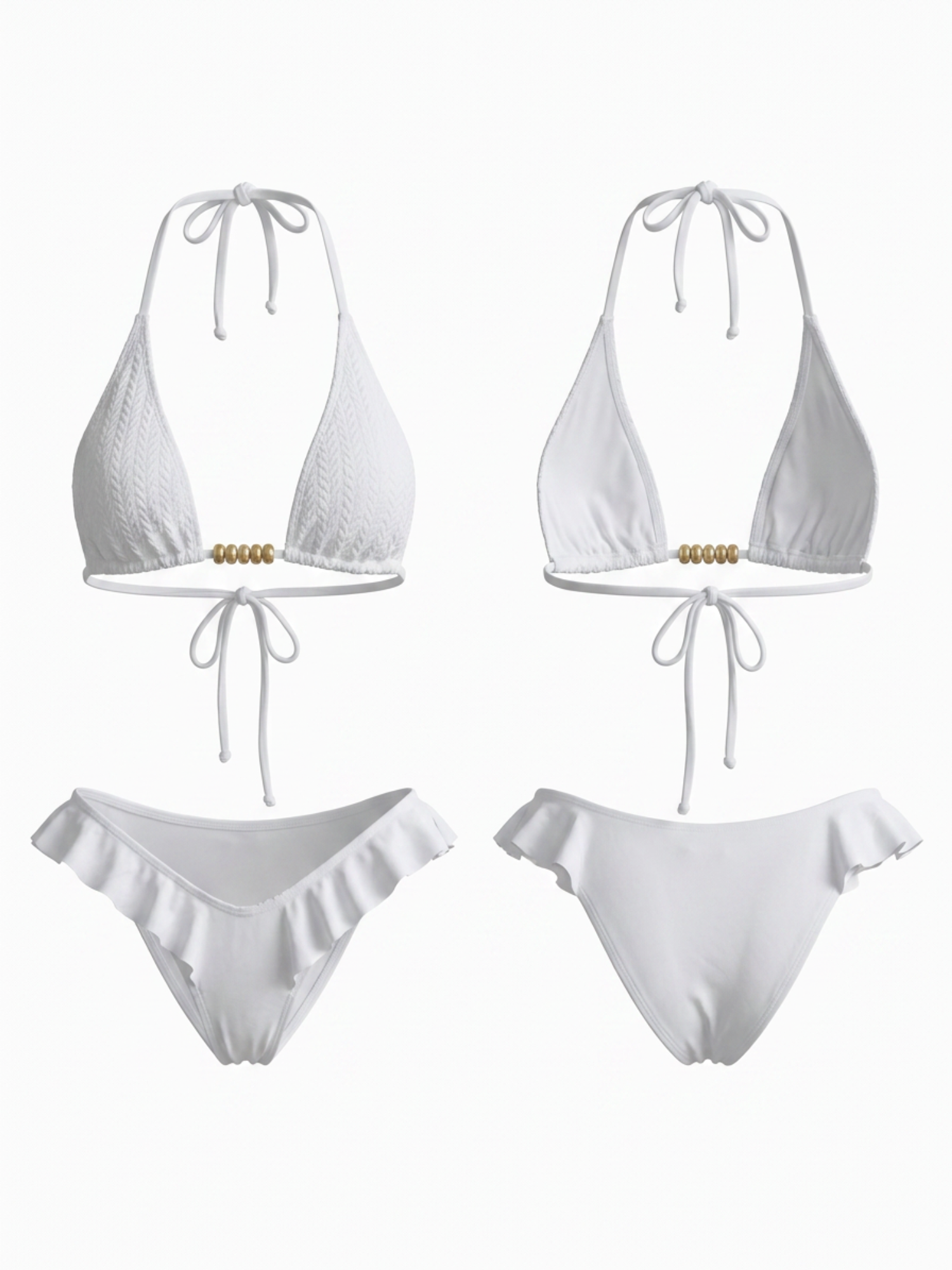 White Bandeau Wooden Bead Tie Front Ruffle Bikini
